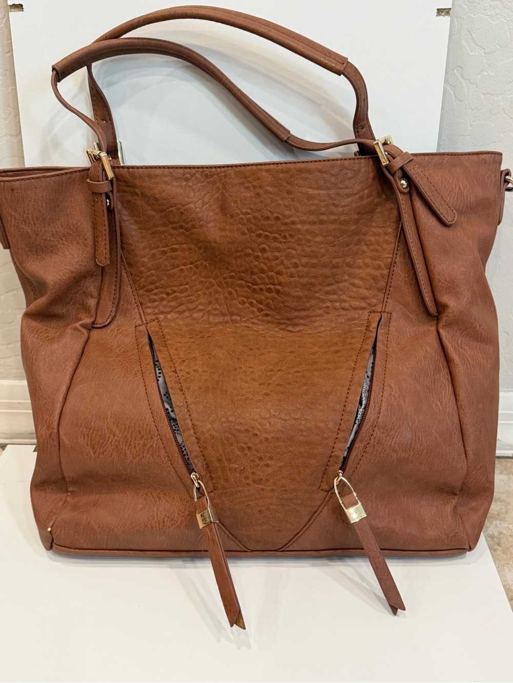 Urban Expressions Brown Textured Tote with Dual Top Handles